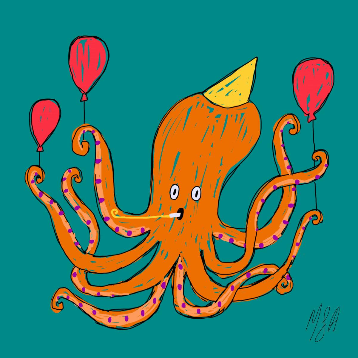 A whimsical cartoon-style illustration of an orange octopus with purple dotted tentacles, a yellow party hat, and a small white rectangular mouthpiece, surrounded by three red balloons on a teal background.