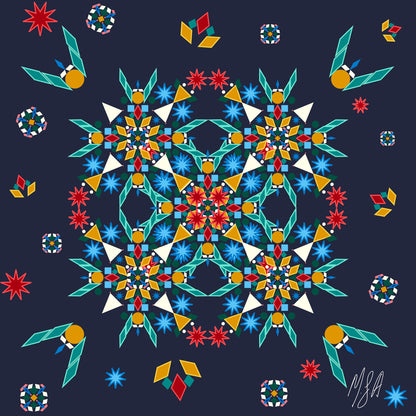 A colorful geometric art print featuring a symmetrical kaleidoscope pattern with four central snowflake-like motifs, surrounded by smaller decorative shapes on a dark navy background. The design includes teal, yellow, red, blue, and white elements, with a white artist signature in the bottom right corner.